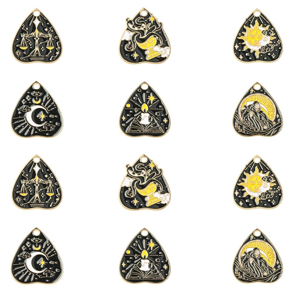 7314 30 pcs 6 Styles Black Heart Tarot Enamel Charms Punk Divination Theme